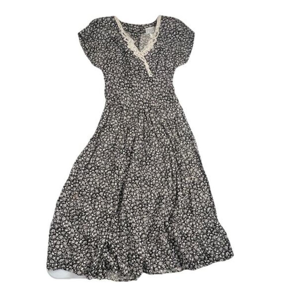 Vintage Floral Cottagecore Black White Midi Dress Lace Women’s Size Small